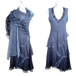 Komarov Hand Pleated Steel Blue Asymmetric Tiered Midi Dress Beaded Shawl M